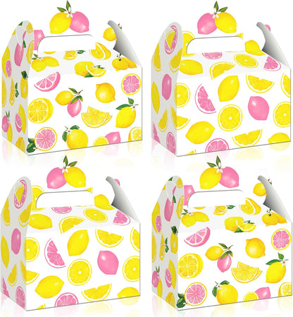 12Pcs Lemon Pink Citrus Themed Treat Boxes - Double-Sided Designed Lemonade Goodie Boxes with Handles for Girl Birthday, Summer Fruit Party, Baby Shower, Candy & Cookie Favors
