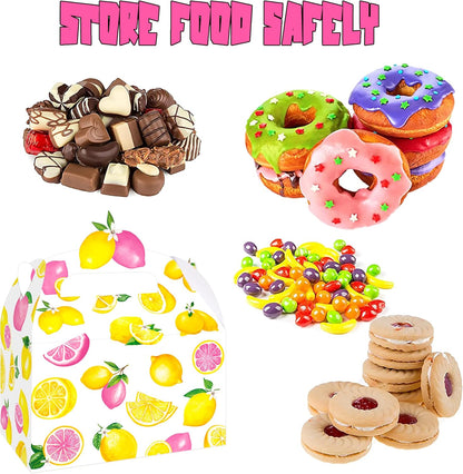 12Pcs Lemon Pink Citrus Themed Treat Boxes - Double-Sided Designed Lemonade Goodie Boxes with Handles for Girl Birthday, Summer Fruit Party, Baby Shower, Candy & Cookie Favors