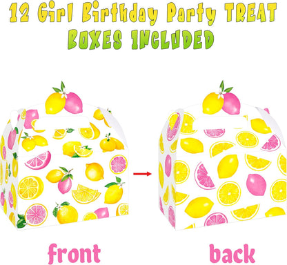 12Pcs Lemon Pink Citrus Themed Treat Boxes - Double-Sided Designed Lemonade Goodie Boxes with Handles for Girl Birthday, Summer Fruit Party, Baby Shower, Candy & Cookie Favors