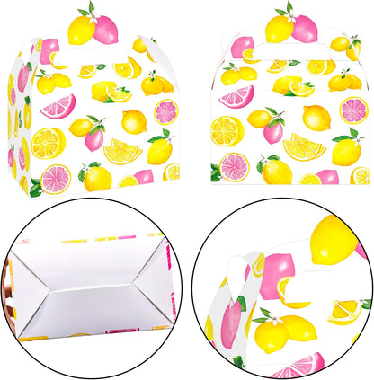 12Pcs Lemon Pink Citrus Themed Treat Boxes - Double-Sided Designed Lemonade Goodie Boxes with Handles for Girl Birthday, Summer Fruit Party, Baby Shower, Candy & Cookie Favors