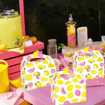 12Pcs Lemon Pink Citrus Themed Treat Boxes - Double-Sided Designed Lemonade Goodie Boxes with Handles for Girl Birthday, Summer Fruit Party, Baby Shower, Candy & Cookie Favors