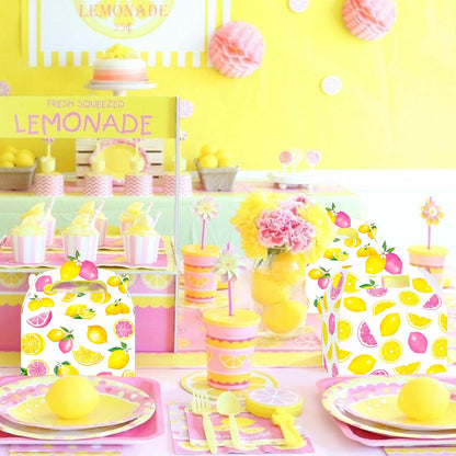 12Pcs Lemon Pink Citrus Themed Treat Boxes - Double-Sided Designed Lemonade Goodie Boxes with Handles for Girl Birthday, Summer Fruit Party, Baby Shower, Candy & Cookie Favors