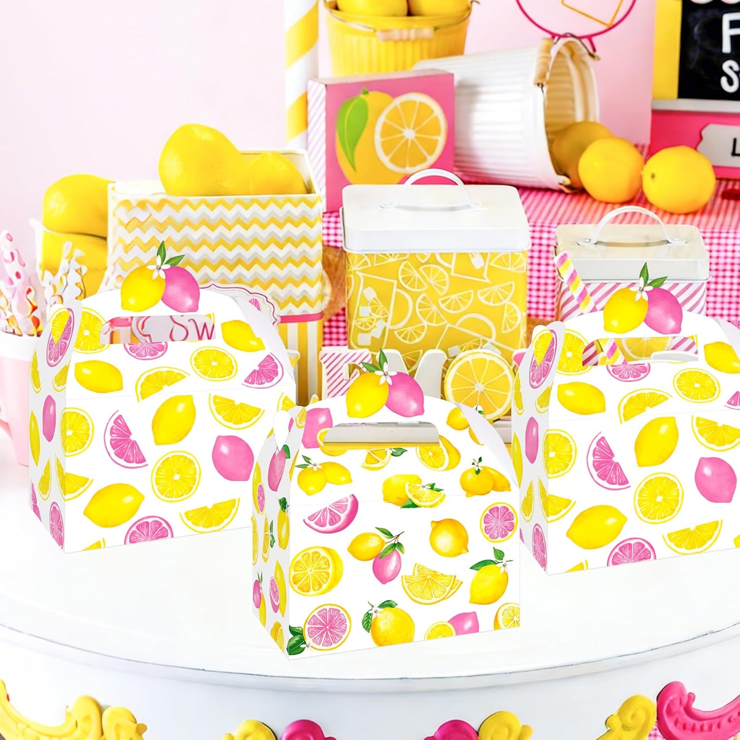 12Pcs Lemon Pink Citrus Themed Treat Boxes - Double-Sided Designed Lemonade Goodie Boxes with Handles for Girl Birthday, Summer Fruit Party, Baby Shower, Candy & Cookie Favors