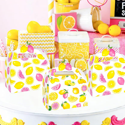 12Pcs Lemon Pink Citrus Themed Treat Boxes - Double-Sided Designed Lemonade Goodie Boxes with Handles for Girl Birthday, Summer Fruit Party, Baby Shower, Candy & Cookie Favors