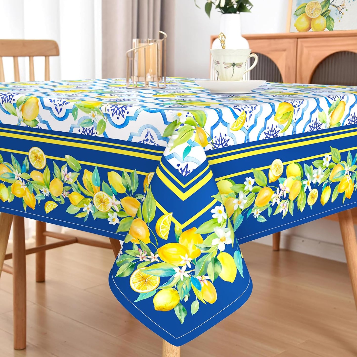 Lemon Square Tablecloth 60x60 Inch Waterproof Washable Spring Summer Lemon Table Cloth Blue Seasonal Tablecloth for Party Picnic Dinner Home Decor