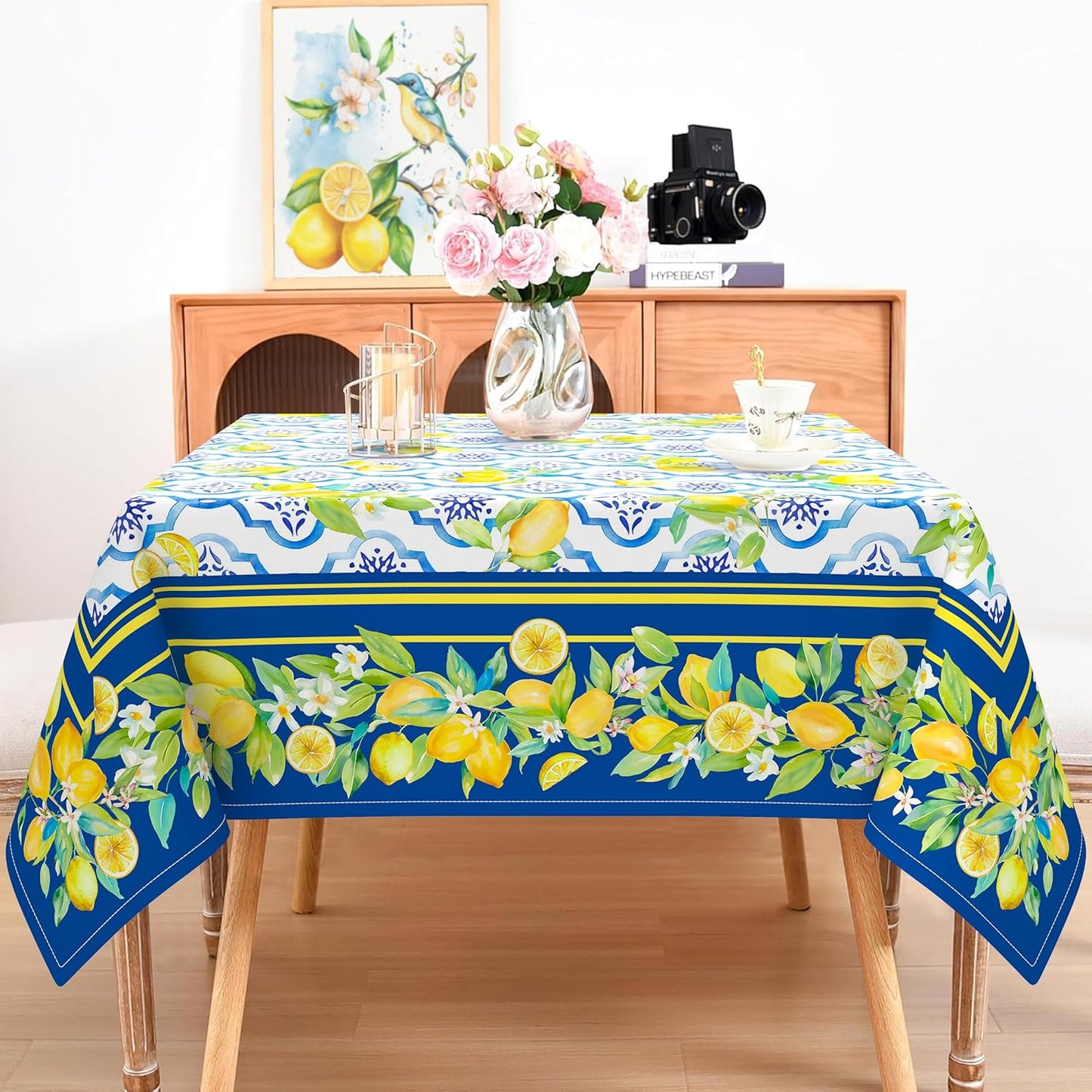 Lemon Square Tablecloth 60x60 Inch Waterproof Washable Spring Summer Lemon Table Cloth Blue Seasonal Tablecloth for Party Picnic Dinner Home Decor
