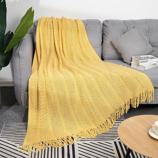 Knit Throw Blanket 100% Acrylic Lightweight Decorative Blankets with Tassels 50×60 Inch Solid Soft Throw Cover for Couch Sofa Bed Home Decor (New Yellow)