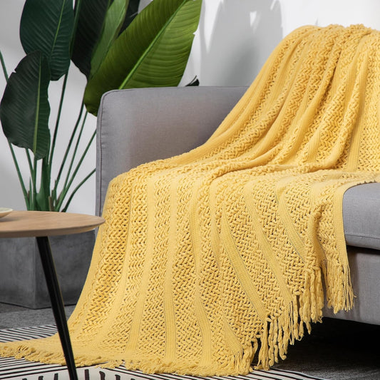 Knit Throw Blanket 100% Acrylic Lightweight Decorative Blankets with Tassels 50×60 Inch Solid Soft Throw Cover for Couch Sofa Bed Home Decor (New Yellow)