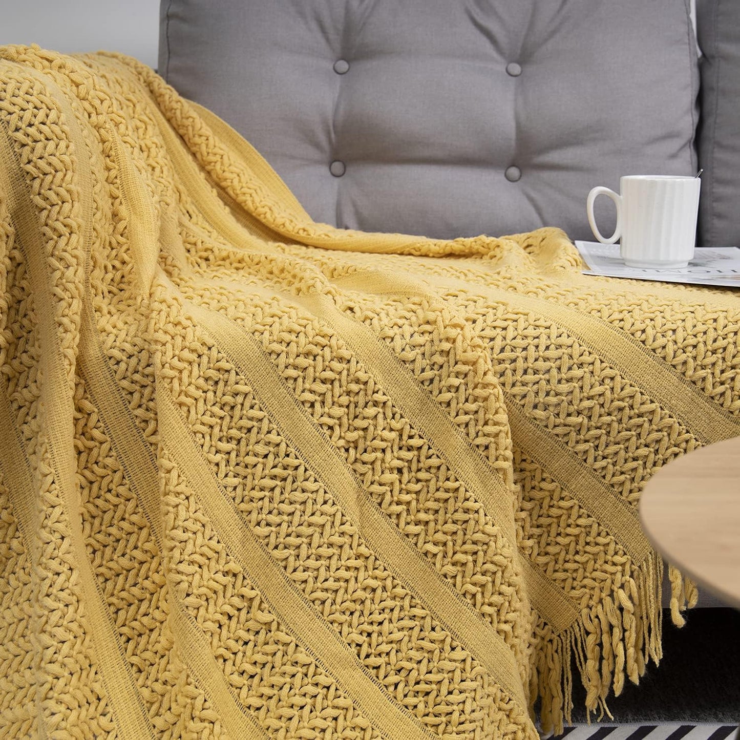 Knit Throw Blanket 100% Acrylic Lightweight Decorative Blankets with Tassels 50×60 Inch Solid Soft Throw Cover for Couch Sofa Bed Home Decor (New Yellow)