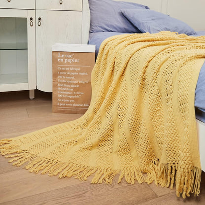 Knit Throw Blanket 100% Acrylic Lightweight Decorative Blankets with Tassels 50×60 Inch Solid Soft Throw Cover for Couch Sofa Bed Home Decor (New Yellow)