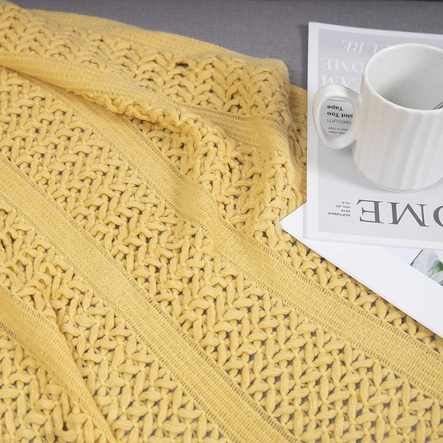 Knit Throw Blanket 100% Acrylic Lightweight Decorative Blankets with Tassels 50×60 Inch Solid Soft Throw Cover for Couch Sofa Bed Home Decor (New Yellow)