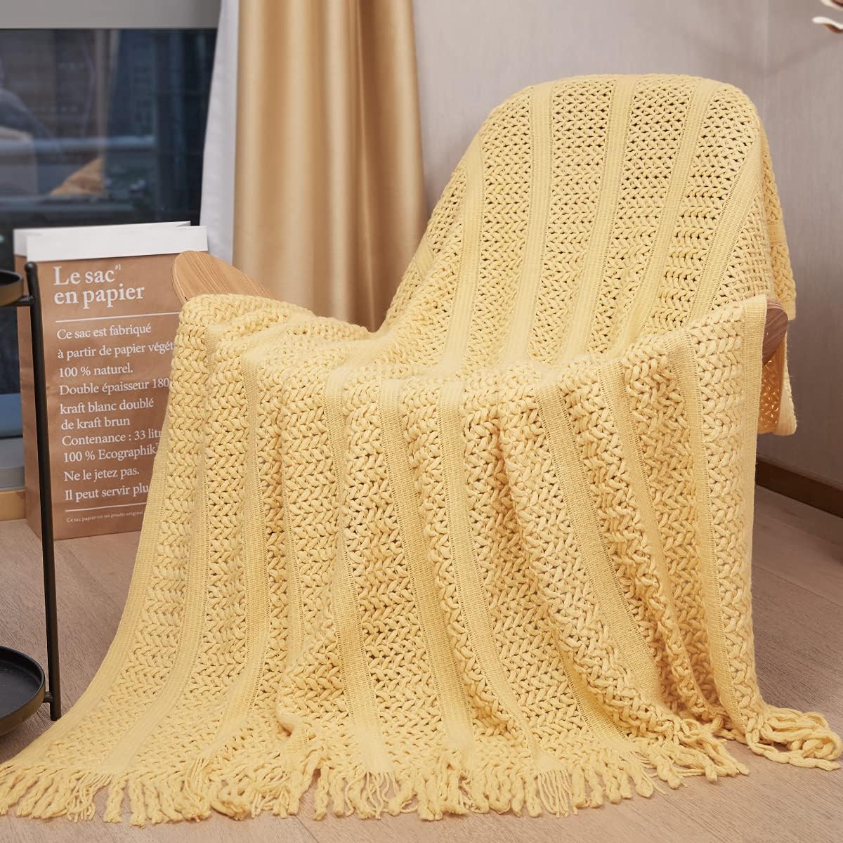 Knit Throw Blanket 100% Acrylic Lightweight Decorative Blankets with Tassels 50×60 Inch Solid Soft Throw Cover for Couch Sofa Bed Home Decor (New Yellow)