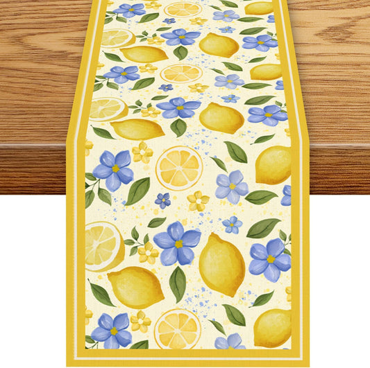 Lemon Floral Table Runner, Rustic Watercolor Lemon Blue Flower Fruit Spring Summer Seasonal Country Coffee Table Center Decor for Family Outdoor Holiday Party Table Decorations, 13"x36"