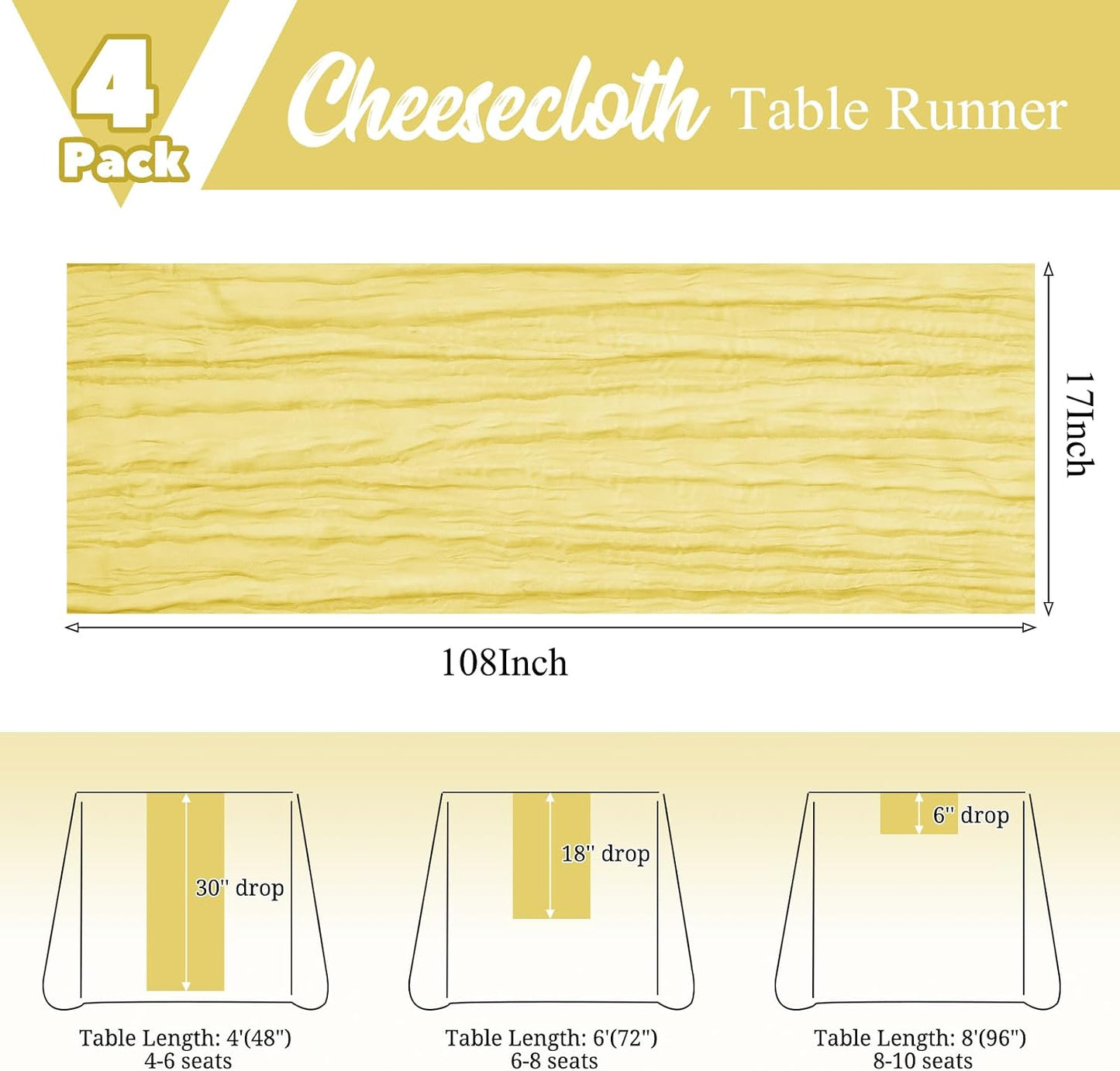 4 Pack Yellow Table Runner 17 x 108inch Cheesecloth Table Runner Boho Gauze Table Runners Romantic Rustic Sheer Fabric Cheese Cloth Table Runners for Wedding Party Bridal Shower
