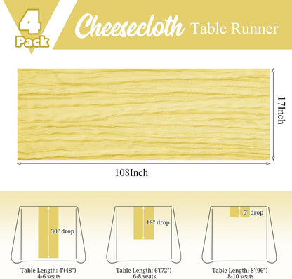 4 Pack Yellow Table Runner 17 x 108inch Cheesecloth Table Runner Boho Gauze Table Runners Romantic Rustic Sheer Fabric Cheese Cloth Table Runners for Wedding Party Bridal Shower