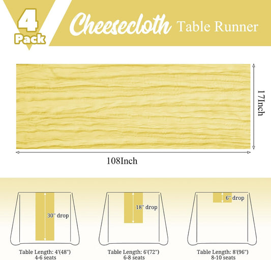 4 Pack Yellow Table Runner 17 x 108inch Cheesecloth Table Runner Boho Gauze Table Runners Romantic Rustic Sheer Fabric Cheese Cloth Table Runners for Wedding Party Bridal Shower
