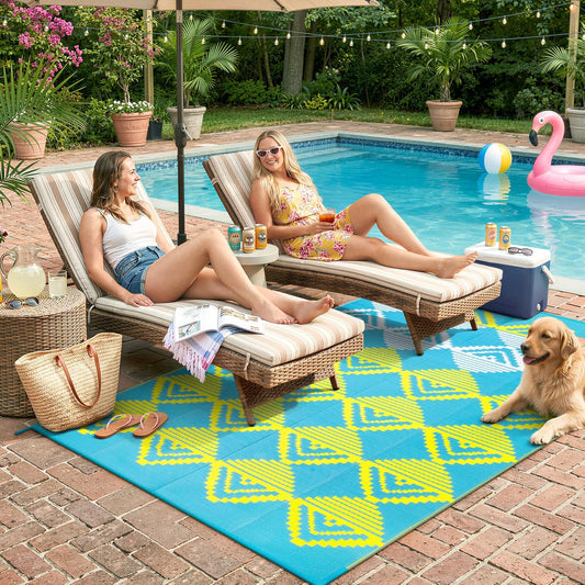 Waterproof Outdoor Rug 6x9 for Camping, Balcony & RV, Reversible Plastic Straw Outdoor Mat Blue Yellow