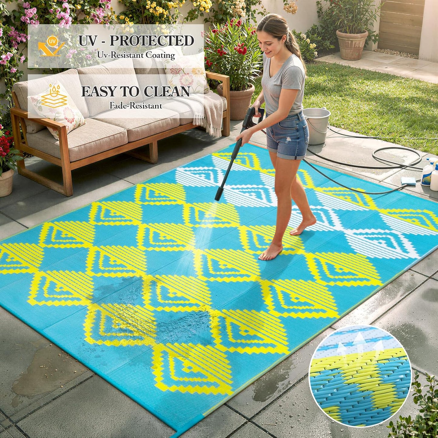 Waterproof Outdoor Rug 6x9 for Camping, Balcony & RV, Reversible Plastic Straw Outdoor Mat Blue Yellow