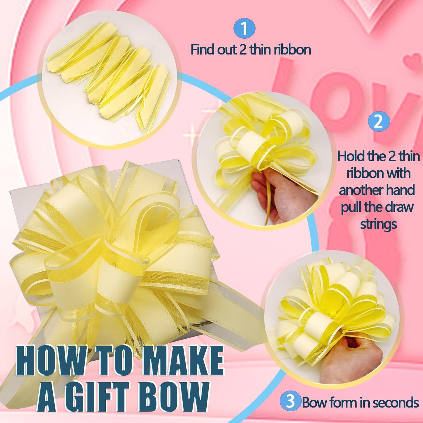5 PCS 6 inches Large Pull Bows, Ribbon Bows for Wedding, Christmas, Birthday, Party Gift Baskets or Valentine's Day Flower Gift Boxes Decoration (Yellow)