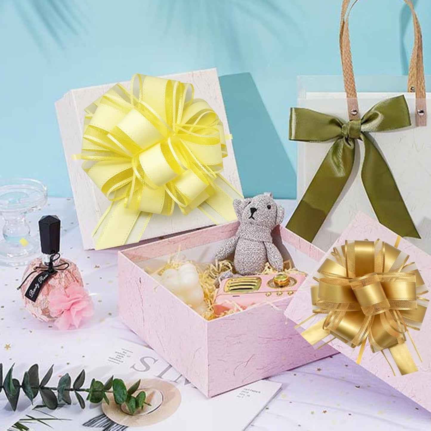 5 PCS 6 inches Large Pull Bows, Ribbon Bows for Wedding, Christmas, Birthday, Party Gift Baskets or Valentine's Day Flower Gift Boxes Decoration (Yellow)