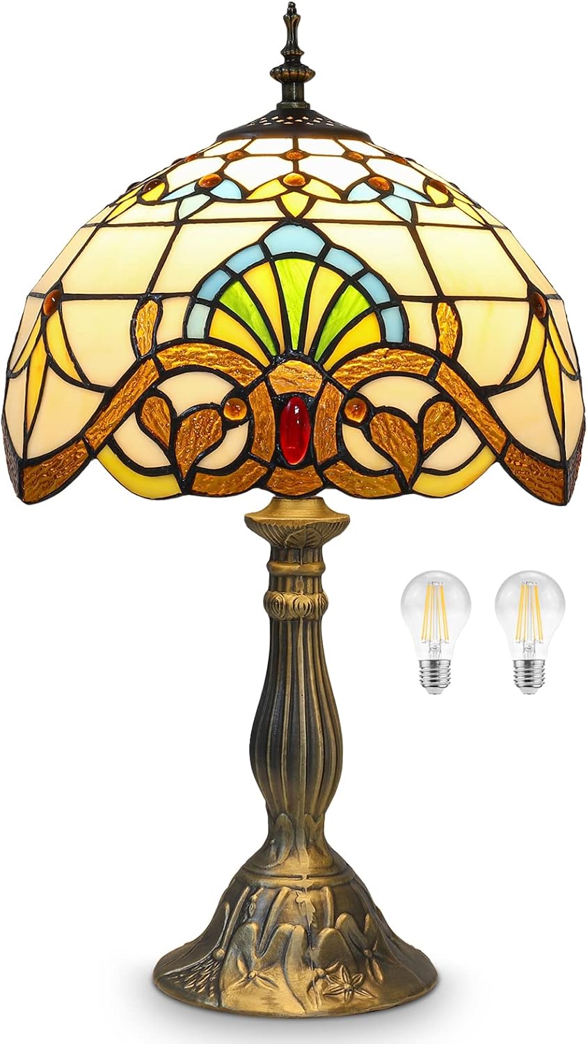 Tiffany Style Table Lamp, Yellow Baroque Stained Glass Lamp, 12 * 12 * 19 Inch Antique Desk Lamp, for Bedside Nightstand Bedroom Living Room Home Office, Include 2 LED Bulb