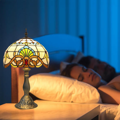 Tiffany Style Table Lamp, Yellow Baroque Stained Glass Lamp, 12 * 12 * 19 Inch Antique Desk Lamp, for Bedside Nightstand Bedroom Living Room Home Office, Include 2 LED Bulb