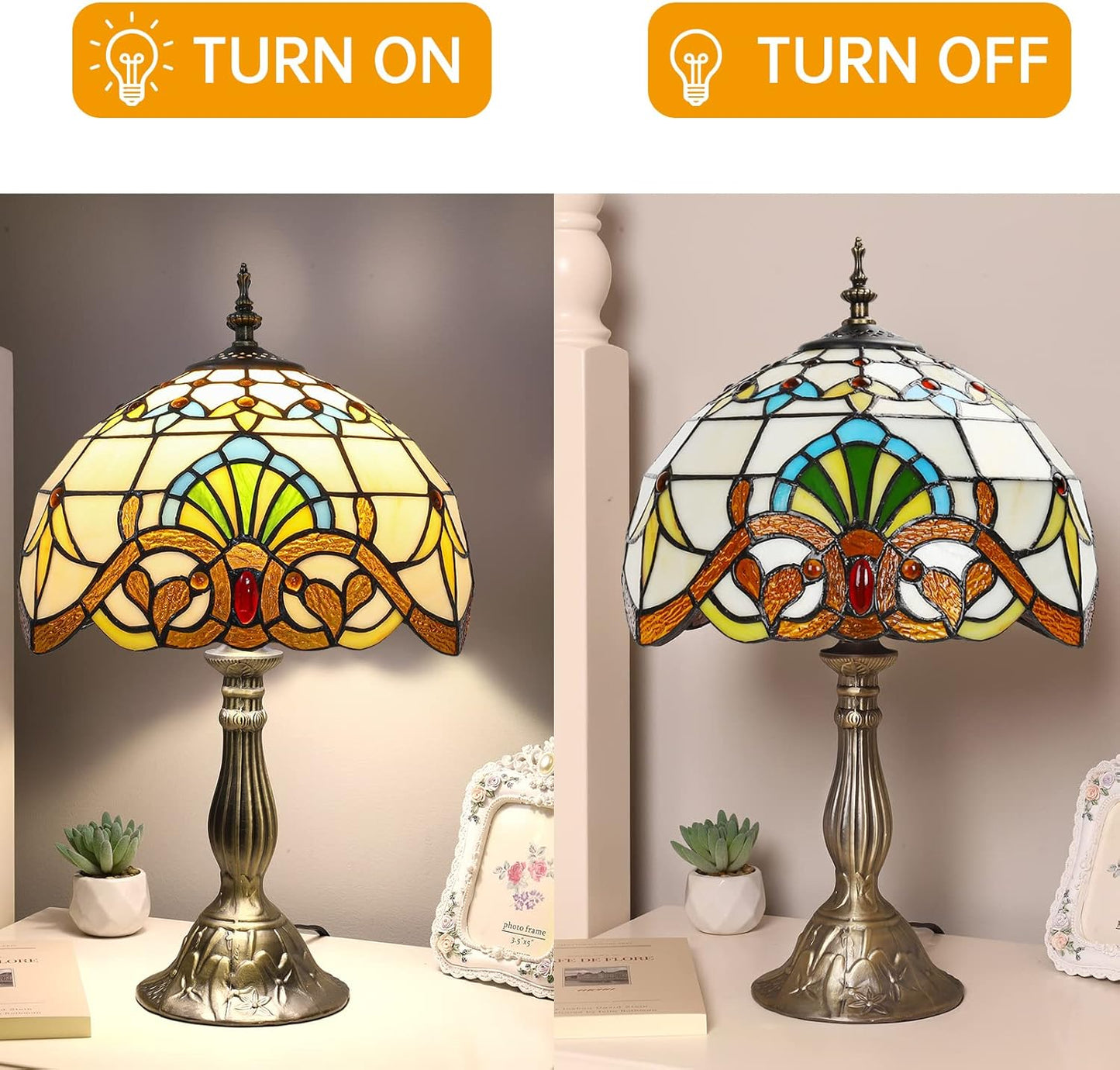 Tiffany Style Table Lamp, Yellow Baroque Stained Glass Lamp, 12 * 12 * 19 Inch Antique Desk Lamp, for Bedside Nightstand Bedroom Living Room Home Office, Include 2 LED Bulb