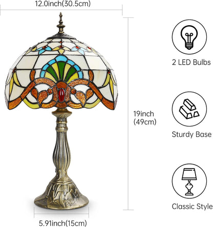 Tiffany Style Table Lamp, Yellow Baroque Stained Glass Lamp, 12 * 12 * 19 Inch Antique Desk Lamp, for Bedside Nightstand Bedroom Living Room Home Office, Include 2 LED Bulb