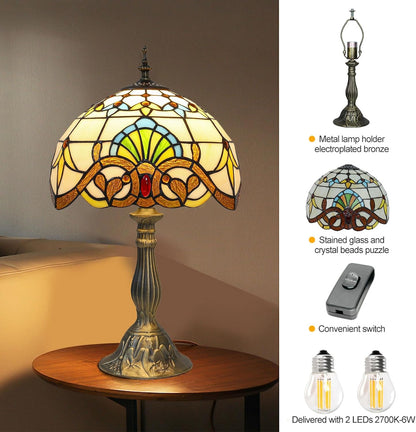 Tiffany Style Table Lamp, Yellow Baroque Stained Glass Lamp, 12 * 12 * 19 Inch Antique Desk Lamp, for Bedside Nightstand Bedroom Living Room Home Office, Include 2 LED Bulb