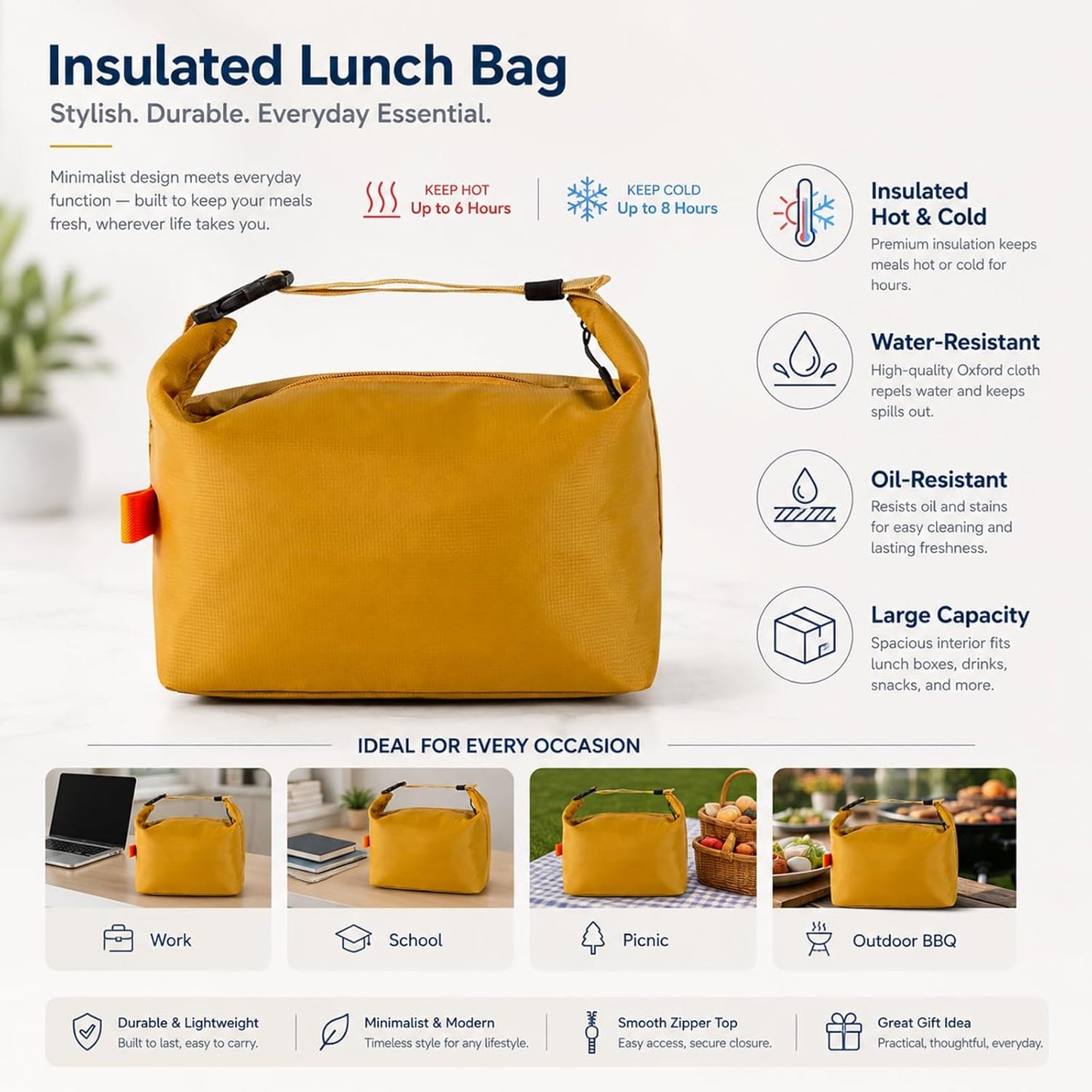Yellow Insulated Lunch Bag for Women, Small Lunch Box | Compact insulated lunch tote, for work, office, gym, picnic and weekend travel, Yellow color option