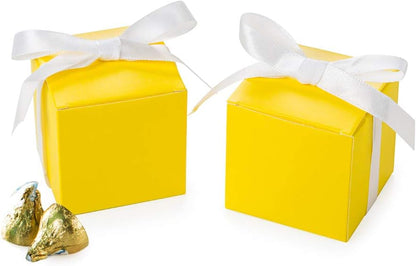 Yellow Gift Candy Box with White Ribbon, 2x2x2 inches, 50pc | Wedding Birthday Baby Shower Gender Reveal Engagement Party Favor Box