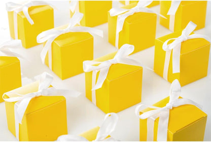 Yellow Gift Candy Box with White Ribbon, 2x2x2 inches, 50pc | Wedding Birthday Baby Shower Gender Reveal Engagement Party Favor Box