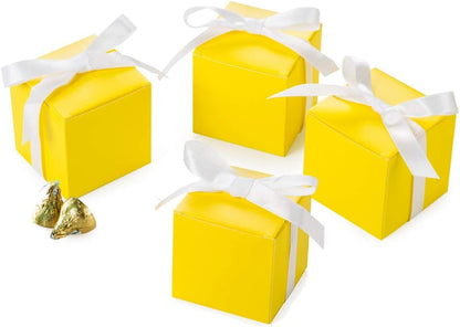 Yellow Gift Candy Box with White Ribbon, 2x2x2 inches, 50pc | Wedding Birthday Baby Shower Gender Reveal Engagement Party Favor Box