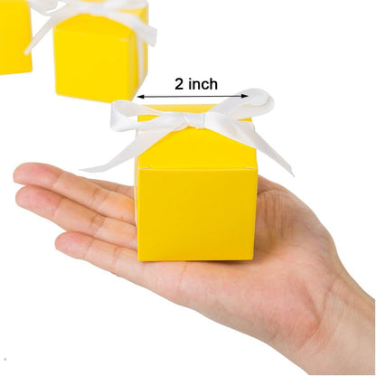 Yellow Gift Candy Box with White Ribbon, 2x2x2 inches, 50pc | Wedding Birthday Baby Shower Gender Reveal Engagement Party Favor Box
