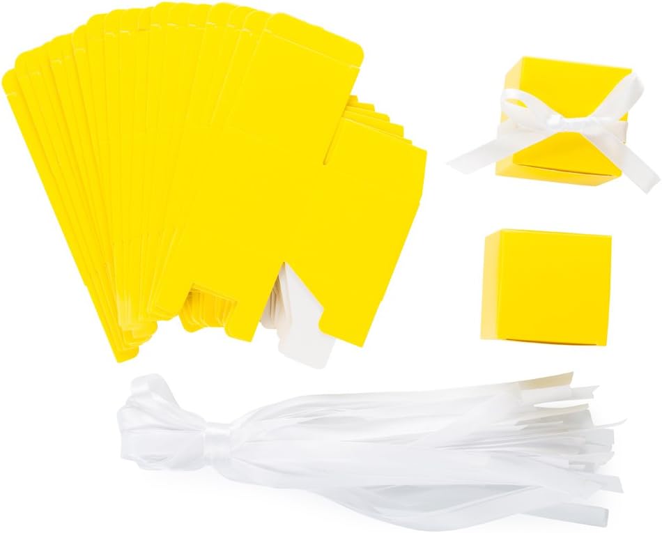 Yellow Gift Candy Box with White Ribbon, 2x2x2 inches, 50pc | Wedding Birthday Baby Shower Gender Reveal Engagement Party Favor Box