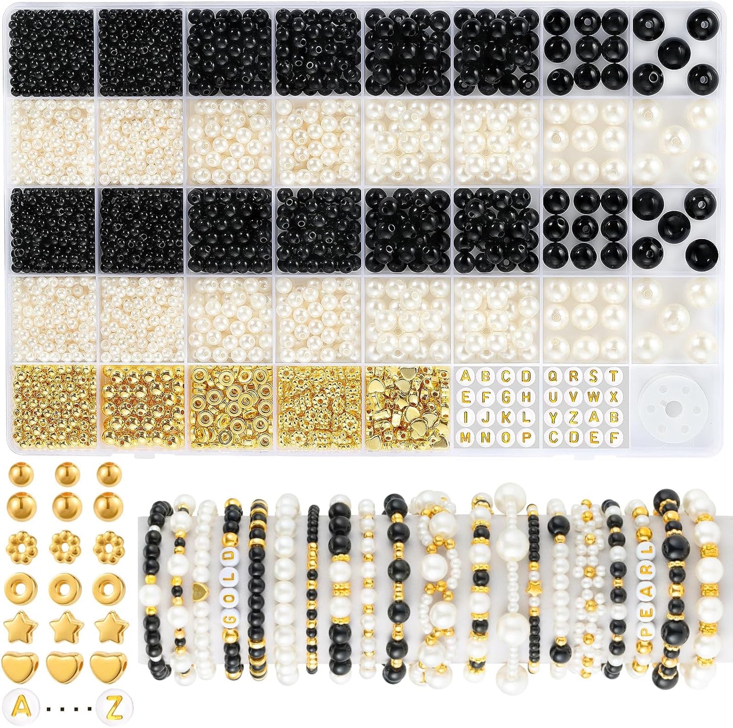 2230pcs Black and White Pearl Beads, 5 Sizes Round Pearls Beads for Jewelry | Small Black Pearls with Gold Spacer Bead Letter Bead for Making Bracelets Necklaces Earrings DIY Crafts