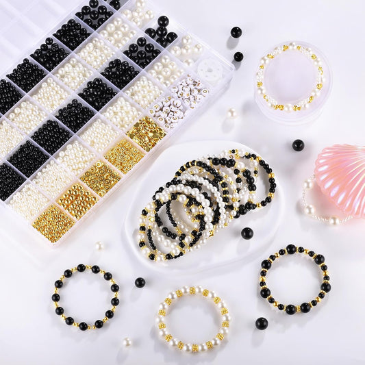 2230pcs Black and White Pearl Beads, 5 Sizes Round Pearls Beads for Jewelry | Small Black Pearls with Gold Spacer Bead Letter Bead for Making Bracelets Necklaces Earrings DIY Crafts