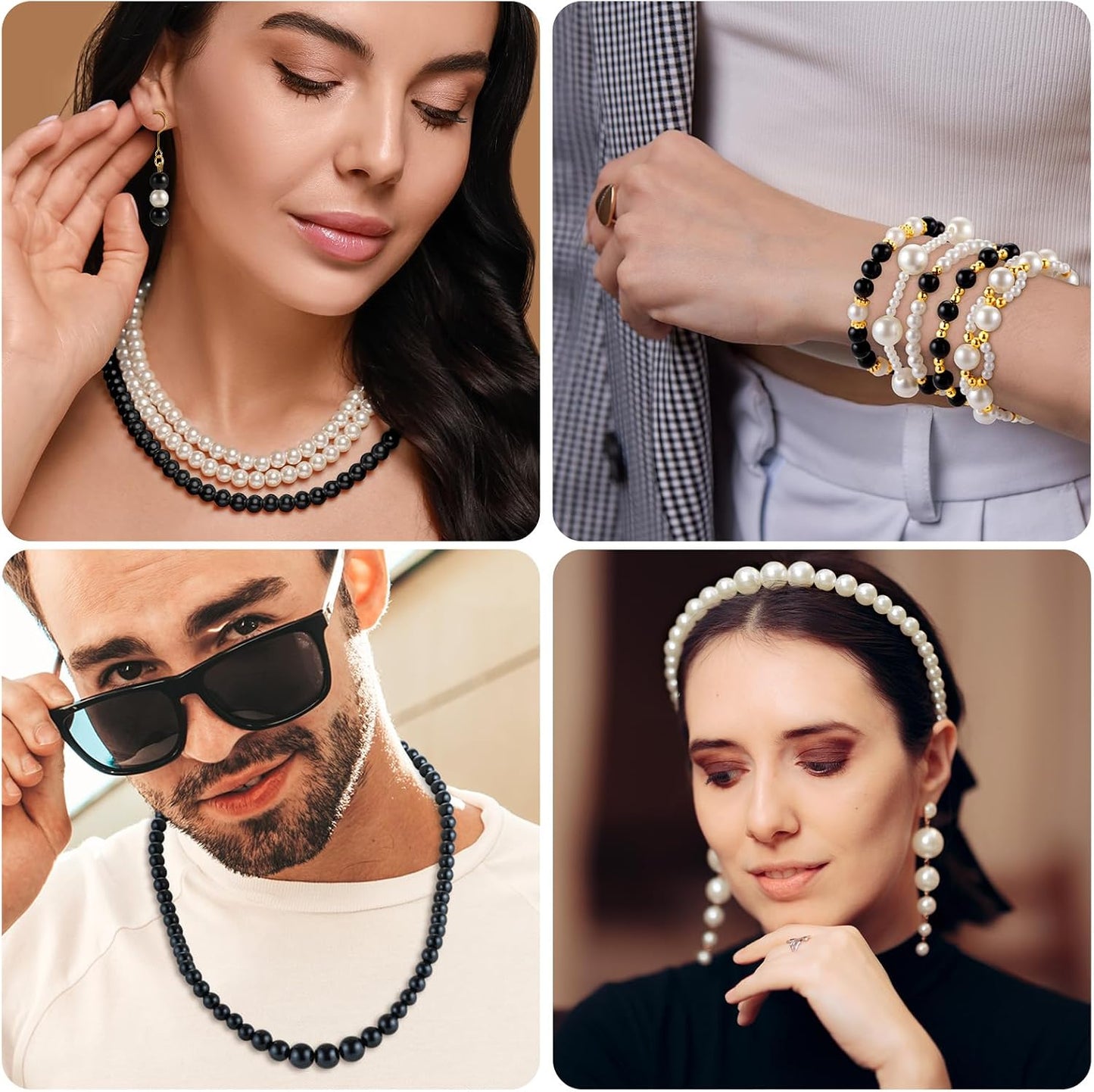 2230pcs Black and White Pearl Beads, 5 Sizes Round Pearls Beads for Jewelry | Small Black Pearls with Gold Spacer Bead Letter Bead for Making Bracelets Necklaces Earrings DIY Crafts
