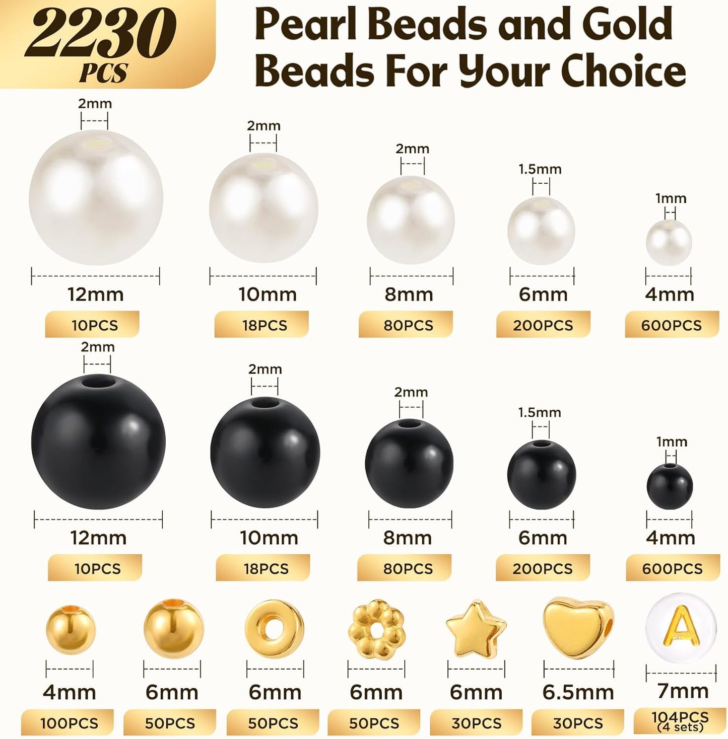 2230pcs Black and White Pearl Beads, 5 Sizes Round Pearls Beads for Jewelry | Small Black Pearls with Gold Spacer Bead Letter Bead for Making Bracelets Necklaces Earrings DIY Crafts
