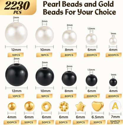 2230pcs Black and White Pearl Beads, 5 Sizes Round Pearls Beads for Jewelry | Small Black Pearls with Gold Spacer Bead Letter Bead for Making Bracelets Necklaces Earrings DIY Crafts