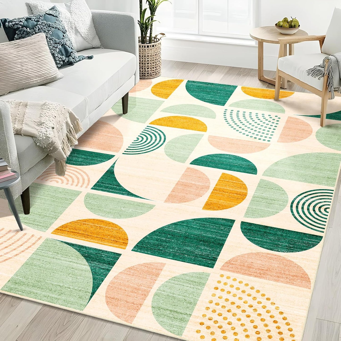 Green Rug Boho Washable 5x7 Area Rugs Non Slip Modern Abstract Large | Throw Carpet for Living Room Bedroom Dining Room Soft Low Pile Floor Indoor Bohemian Sage Green