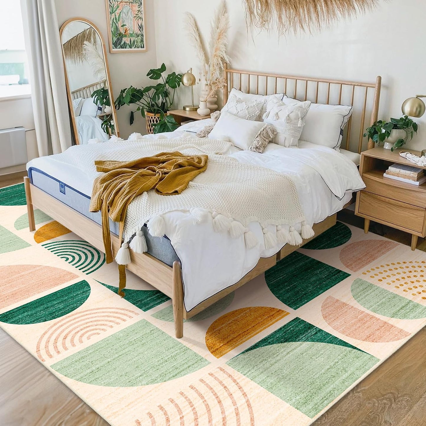 Green Rug Boho Washable 5x7 Area Rugs Non Slip Modern Abstract Large | Throw Carpet for Living Room Bedroom Dining Room Soft Low Pile Floor Indoor Bohemian Sage Green