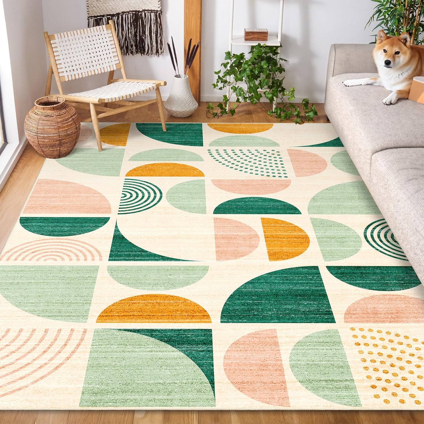 Green Rug Boho Washable 5x7 Area Rugs Non Slip Modern Abstract Large | Throw Carpet for Living Room Bedroom Dining Room Soft Low Pile Floor Indoor Bohemian Sage Green