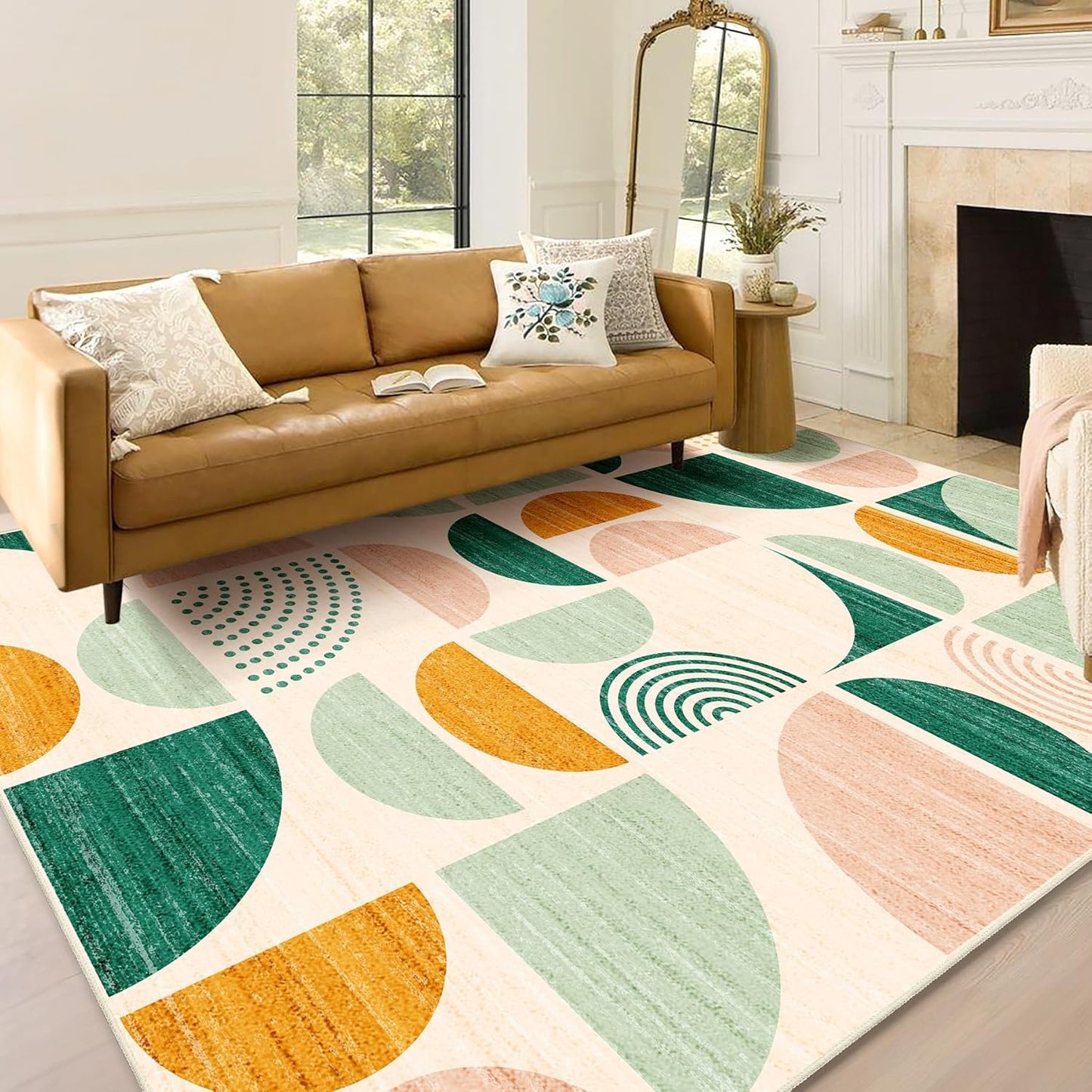 Green Rug Boho Washable 5x7 Area Rugs Non Slip Modern Abstract Large | Throw Carpet for Living Room Bedroom Dining Room Soft Low Pile Floor Indoor Bohemian Sage Green