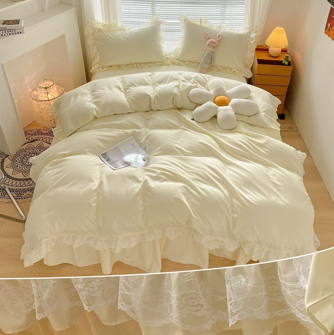 Chic Ruffle Lace Polyester Duvet Cover Set -Girl Yellow Bedding-2 Piece Twin Duvet Cover with Zipper Closure -Ultra Soft and Light Weight(Light Yellow, Twin)