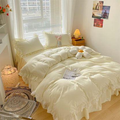 Chic Ruffle Lace Polyester Duvet Cover Set -Girl Yellow Bedding-2 Piece Twin Duvet Cover with Zipper Closure -Ultra Soft and Light Weight(Light Yellow, Twin)
