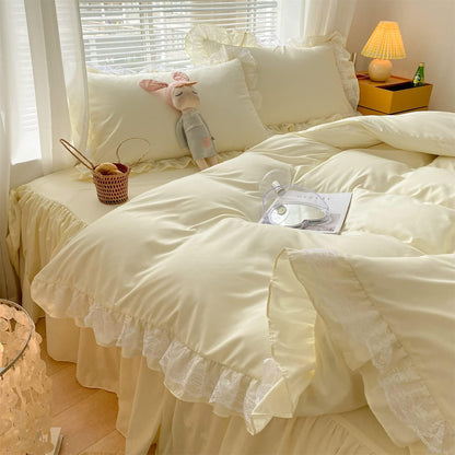 Chic Ruffle Lace Polyester Duvet Cover Set -Girl Yellow Bedding-2 Piece Twin Duvet Cover with Zipper Closure -Ultra Soft and Light Weight(Light Yellow, Twin)