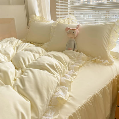 Chic Ruffle Lace Polyester Duvet Cover Set -Girl Yellow Bedding-2 Piece Twin Duvet Cover with Zipper Closure -Ultra Soft and Light Weight(Light Yellow, Twin)