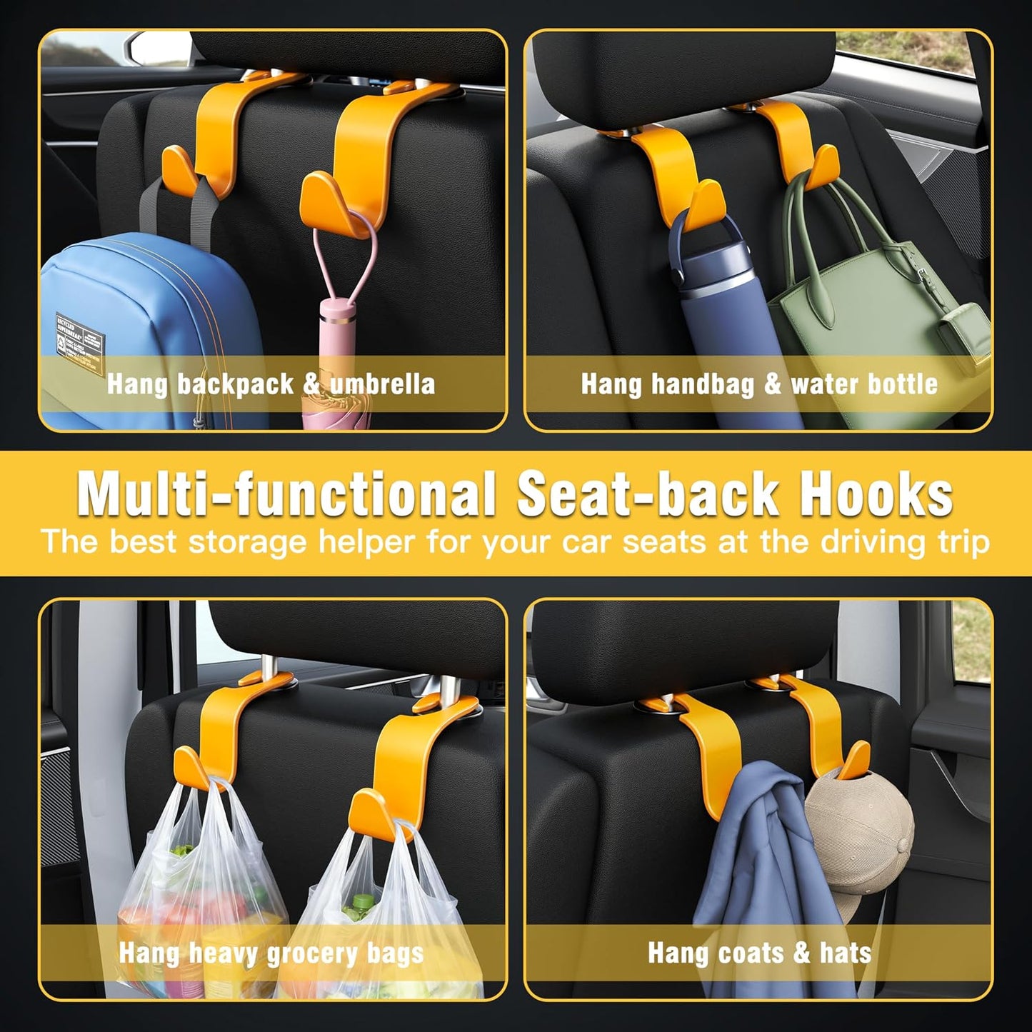 4-Pack Car Headrest Hooks Holds 55lbs Seat Storage Organizer for Bags | Durable ABS Material, 360° Rotating, Car Hanger for Backpack Umbrella Water Bottle Coat Purses Handbags Groceries
