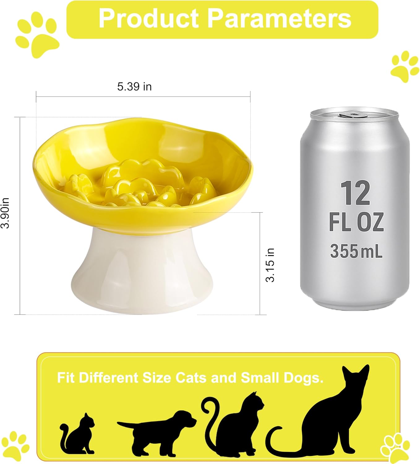 Ceramic Slow Feeder Bowl for Cats and Small Dogs, Elevated Tilted Pet Food Dish, Whisker Friendly Anti-Vomit Design, Heavy Stable Base, Dishwasher Safe， 5 Colors Options (Lemon Yellow)